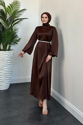 لباس مجلسی حجاب قهوه ای زنانه یقه ایستاده MERVEN AKYÜZ - کد 875798504