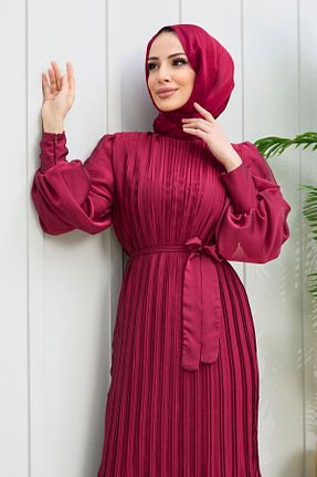 لباس مجلسی حجاب زرشکی زنانه یقه دوچرخه TOFİSA - کد 640422298