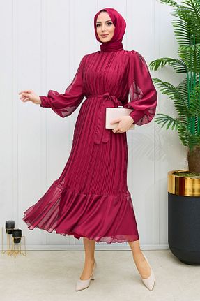 لباس مجلسی حجاب زرشکی زنانه یقه دوچرخه TOFİSA - کد 640422298