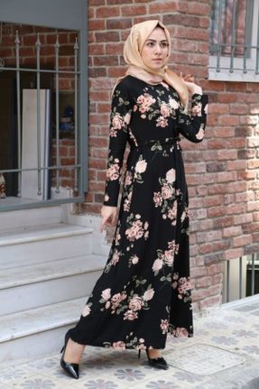 لباس مشکی زنانه بافت پنبه - پلی استر - الاستن طرح گلدار رگولار آستین-بلند کد 48733247