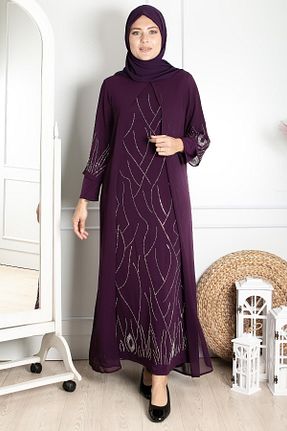 لباس مجلسی حجاب بنفش زنانه یقه دوچرخه Fahima - کد 38666156