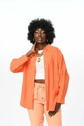 پیراهن نارنجی زنانه یقه پیراهنی Orfeo Negro - کد 858184848
