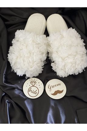 دمپائی خانگی سفید زنانه پاشنه تخت lilyum butik - کد 78250485