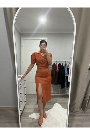 ست بالاتنه و پائین تنه نارنجی زنانه بافتنی Şamdan - کد 847839196