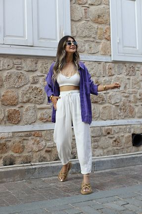 شلوار پارچه ای سفید زنانه فاق بلند bytugcekaya - کد 846321641