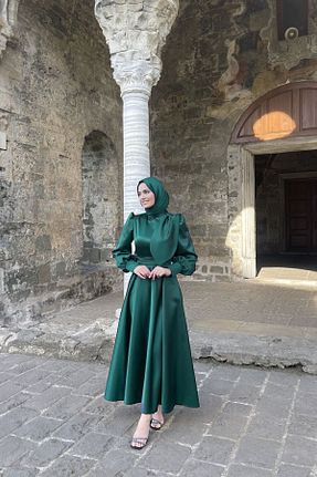 لباس مجلسی حجاب سبز زنانه یقه ایستاده MOOLİSA - کد 832323214