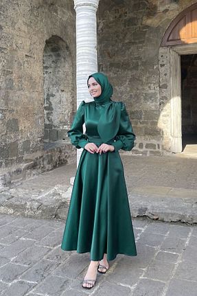 لباس مجلسی حجاب سبز زنانه یقه ایستاده MOOLİSA - کد 832323214