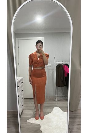 ست بالاتنه و پائین تنه نارنجی زنانه بافتنی Şamdan - کد 847839196