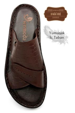 دمپائی قهوه ای مردانه چرم خالص Moda Anna - کد 858354532