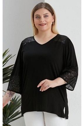 بلوز سایز بزرگ مشکی زنانه سایز بزرگ FOR ESRA BIG TREND - کد 771618277