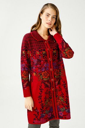 پالتو پشمی زرشکی زنانه تنگ Desen Triko - کد 158457406