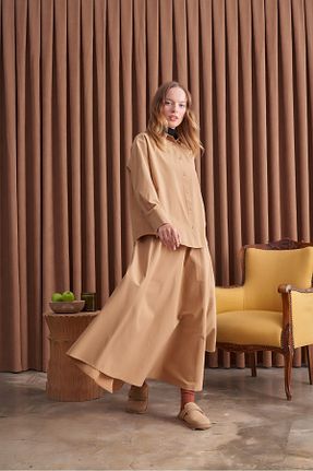 پیراهن حجاب قهوه ای زنانه اورسایز QANU - کد 768889085