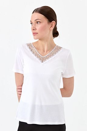 تیشرت سفید زنانه رگولار Desen Triko - کد 669760870