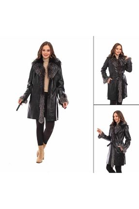 کاپشن مشکی زنانه چرم خالص MALVİNEYU - کد 849148528