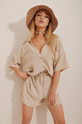 ست بالاتنه و پائین تنه بژ زنانه بافتنی Genel Markalar - کد 832628078