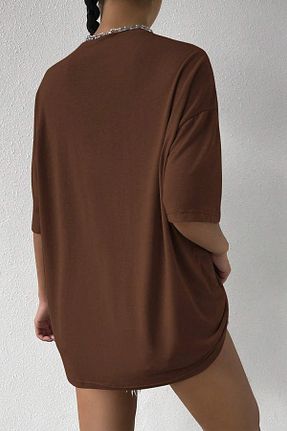 تیشرت قهوه ای زنانه اورسایز uyguntarz - کد 833688032