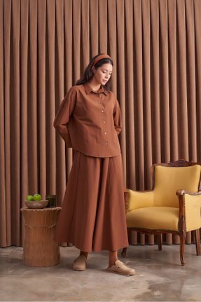 پیراهن حجاب قهوه ای زنانه اورسایز QANU - کد 768889125