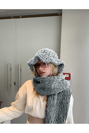 ست شال گردن و کلاه پشمی طوسی زنانه پشمی Moda Biçer - کد 781666894