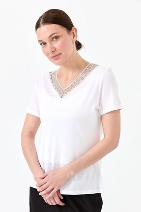 تیشرت سفید زنانه رگولار Desen Triko - کد 669760870