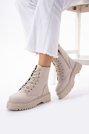 بوت / نیم بوت بژ زنانه چرم مصنوعی ŞNG Ayakkabı - کد 383695228