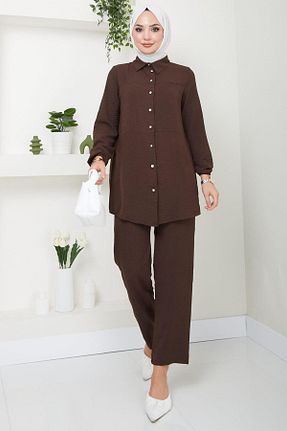 ست بالاتنه و پائین تنه حجاب قهوه ای زنانه رگولار hafsamina - کد 839708139