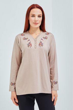 بلوز بژ زنانه گلدار Elçelya Moda - کد 751423986