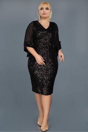 لباس مجلسی سایز بزرگ مشکی زنانه یقه هفت VOLİNAY TEKSTİL - کد 97427273