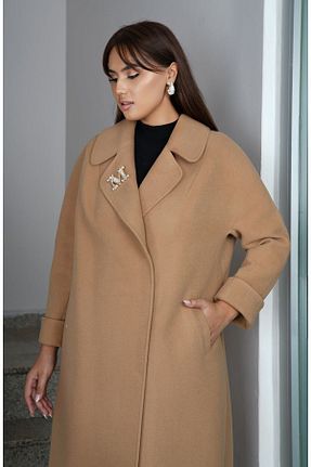 پالتو پشمی بژ زنانه اورسایز Eccim Fashion - کد 857978144
