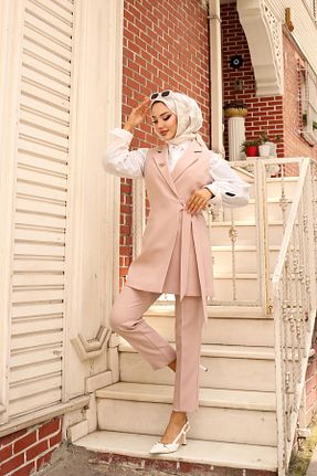 کت و شلوار بژ زنانه یقه شالی LOVELF - کد 678466211