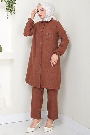 ست بالاتنه و پائین تنه حجاب قهوه ای زنانه رگولار hafsamina - کد 834070736