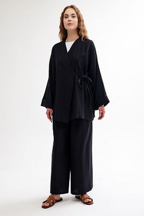 کافتان و کیمونو حجاب مشکی زنانه کتان QANU - کد 841129114
