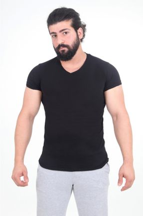 تی شرت مشکی مردانه یقه هفت پارچه ای اسلیم فیت 25 - 50 کد 129743146