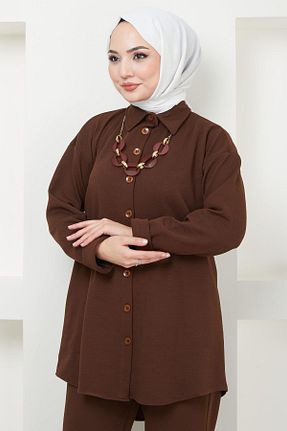 ست بالاتنه و پائین تنه حجاب قهوه ای زنانه رگولار hafsamina - کد 810074499