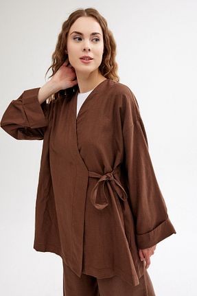 کافتان و کیمونو حجاب قهوه ای زنانه کتان QANU - کد 841098324