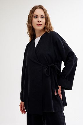 کافتان و کیمونو حجاب مشکی زنانه کتان QANU - کد 841129114