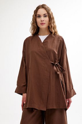 کافتان و کیمونو حجاب قهوه ای زنانه کتان QANU - کد 841098324