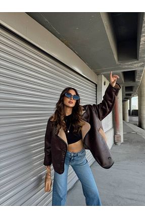 کت قهوه ای زنانه اورسایز MEECY - کد 785836480