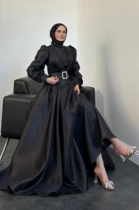 لباس مجلسی حجاب مشکی زنانه یقه ایستاده MERVEN AKYÜZ - کد 875798164