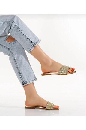 دمپائی طلائی زنانه چرم مصنوعی PLN SHOES - کد 808775931