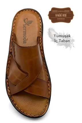 دمپائی قهوه ای مردانه چرم خالص sermoda - کد 854740919