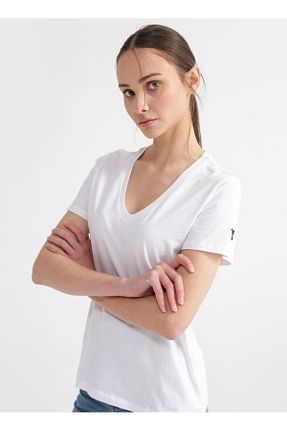 تیشرت سفید زنانه یقه هفت Fabrika - کد 81838945
