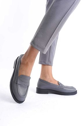 کفش لوفر طوسی زنانه چرم خالص GNS Shoes - کد 858987921