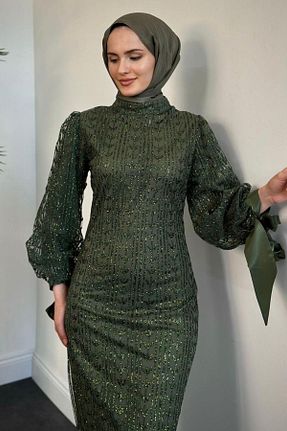 لباس مجلسی حجاب سبز زنانه یقه دوچرخه MERVEN AKYÜZ - کد 875798667