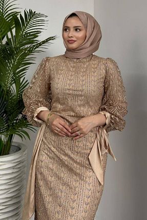 لباس مجلسی حجاب طلائی زنانه یقه ایستاده MERVEN AKYÜZ - کد 875798675
