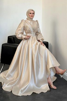 لباس مجلسی حجاب بژ زنانه یقه ایستاده MERVEN AKYÜZ - کد 875799339