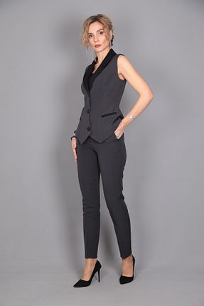 کت و شلوار طوسی زنانه یقه کتی ÖNDER ÖZSOY - کد 809970035