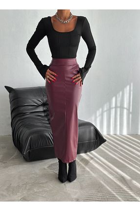 دامن زرشکی زنانه چرم مصنوعی Genel Markalar - کد 858909248