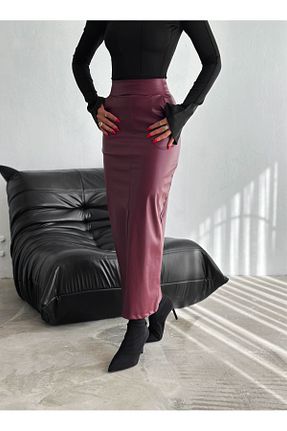 دامن زرشکی زنانه چرم مصنوعی Genel Markalar - کد 858909248
