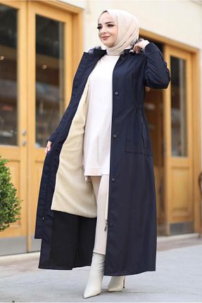 پالتو پشمی حجاب سرمه ای زنانه رگولار TRENDTESETTÜR - کد 858842128
