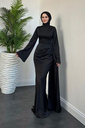 لباس مجلسی حجاب مشکی زنانه یقه ایستاده MERVEN AKYÜZ - کد 875799380